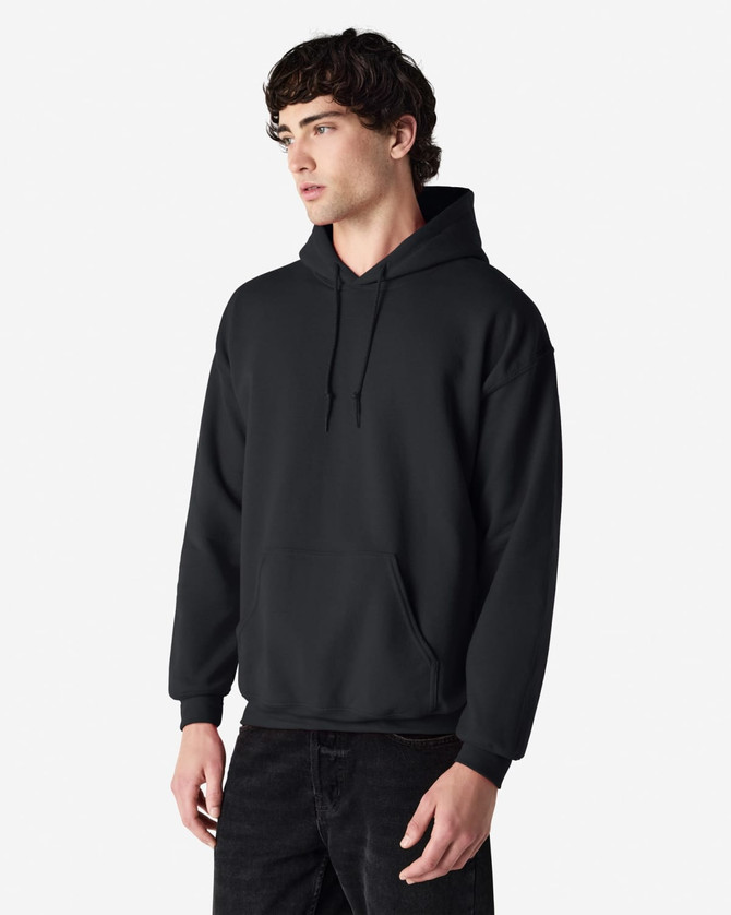 A black hooded sweatshirt featuring a front pocket and a drawstring hood, with a logo on the chest.