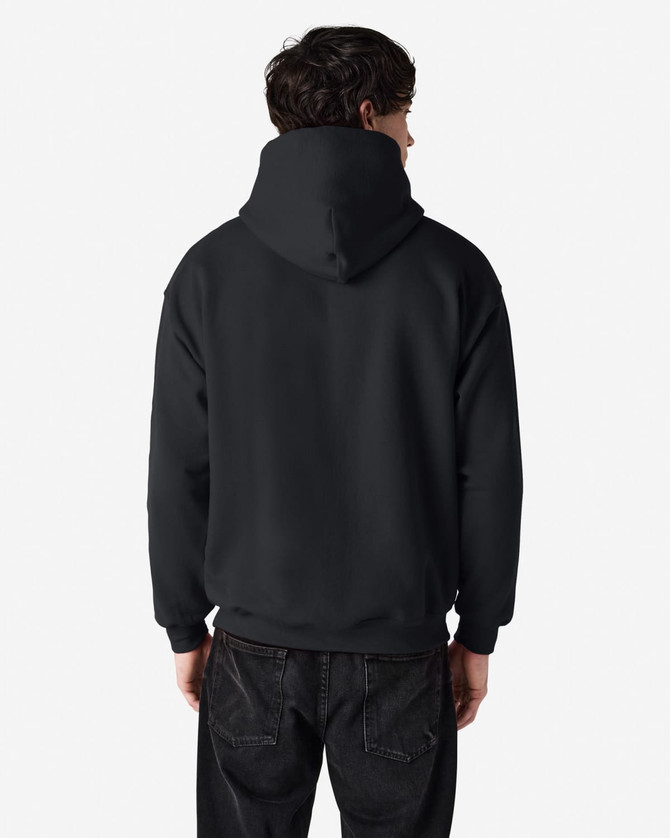 A back view of a black Gildan Heavy Blend hooded sweatshirt, featuring a hood and a plain design.