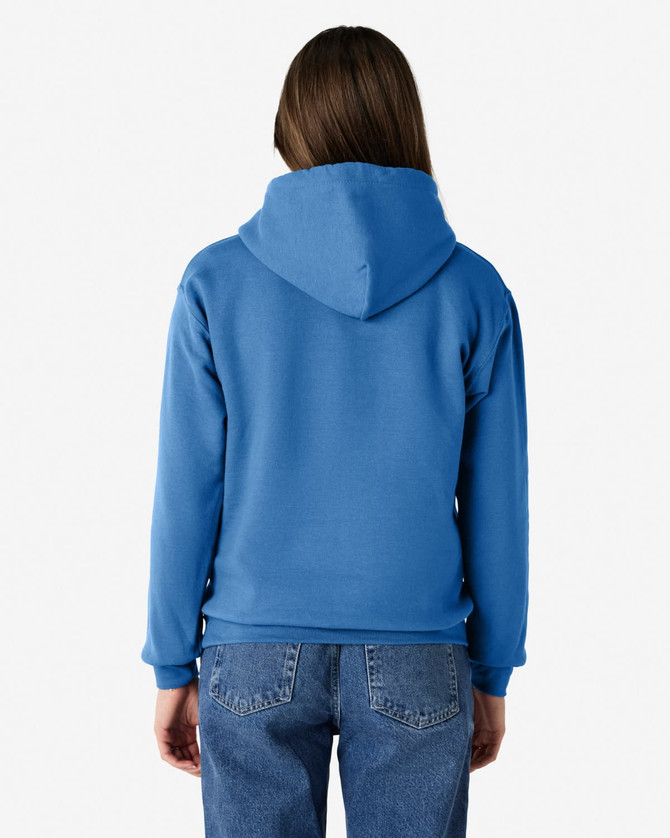 A blue Gildan Heavy Blend adult hooded sweatshirt viewed from the back, featuring a hood and a fitted design.