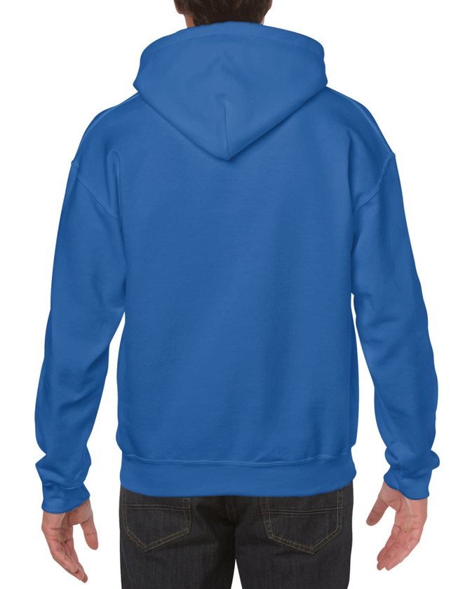 A blue hooded sweatshirt with a pouch pocket and a drawstring hood, featuring a logo design.