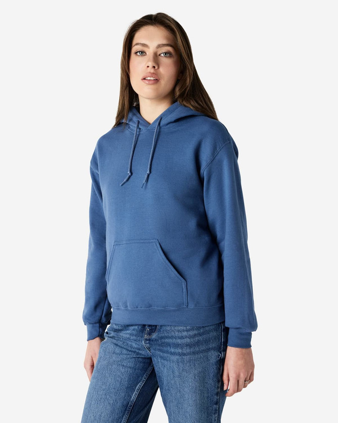 A blue hooded sweatshirt with a front pocket and a drawstring hood, worn by a model.