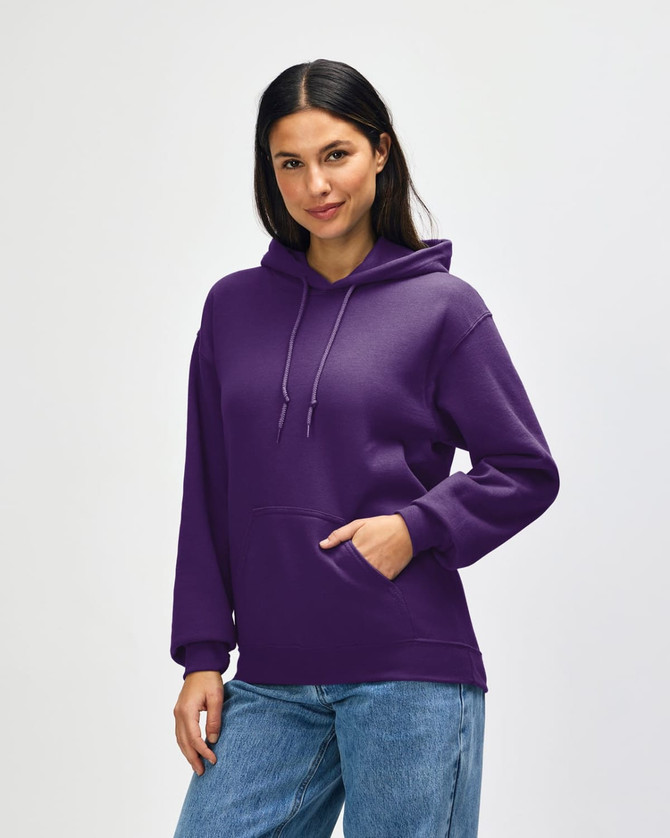 A purple Gildan Heavy Blend adult hooded sweatshirt with a front pocket and a large hood.