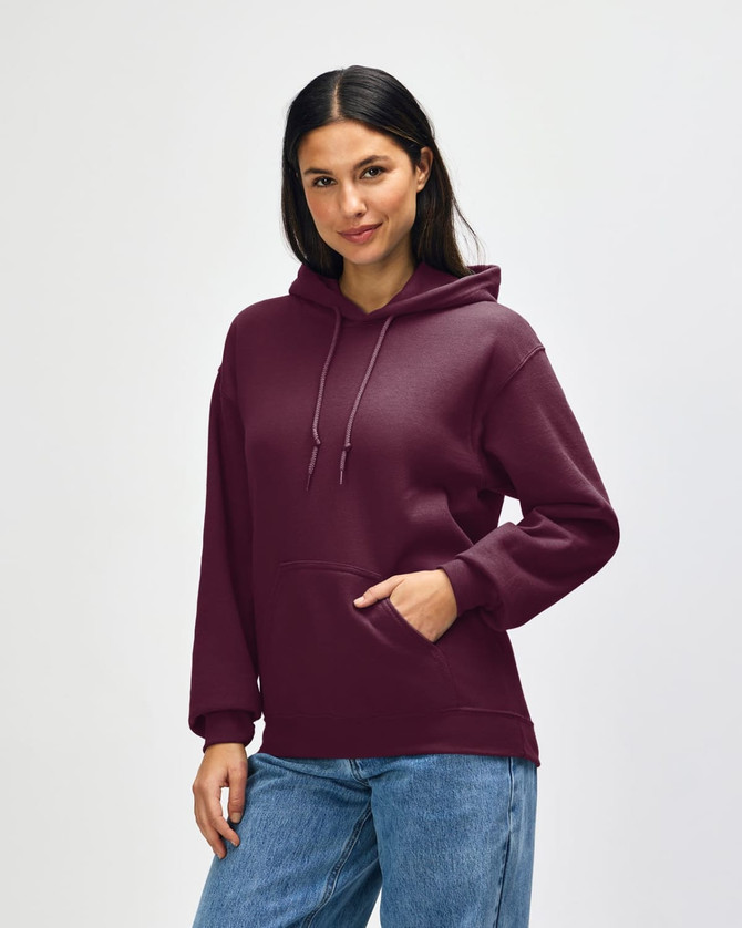 A maroon hooded sweatshirt with a front pocket and a drawstring hood. It features a branding logo.