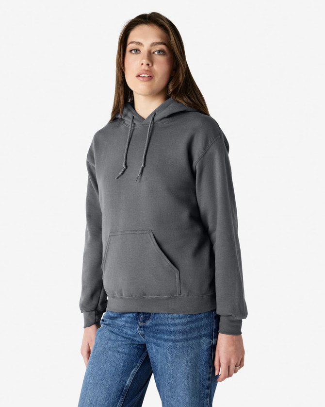 A grey hooded sweatshirt with a front pocket and drawstring details, worn by a model standing casually.