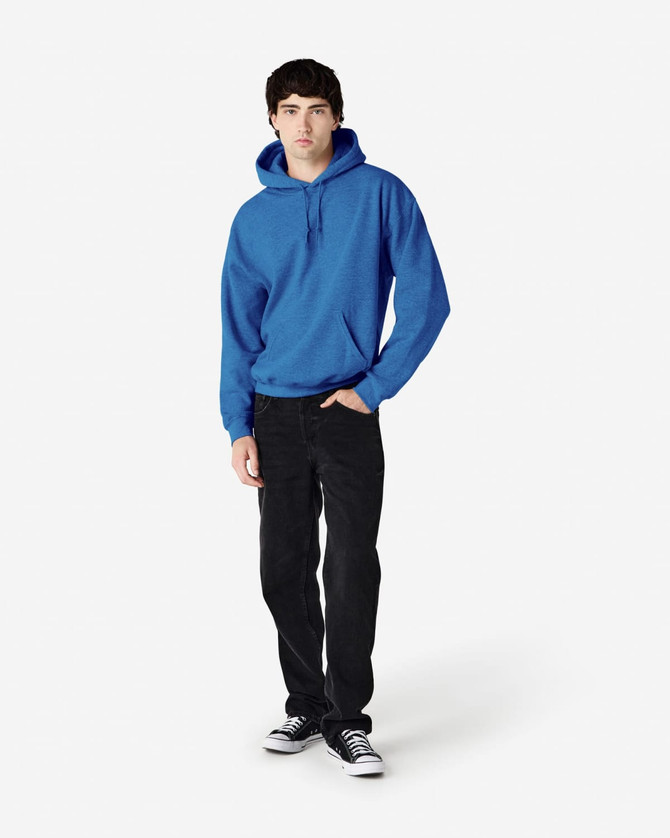 A blue hooded sweatshirt with a front pocket, worn by a model alongside black jeans and sneakers.