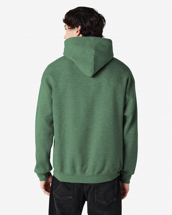 A green Gildan Heavy Blend adult hooded sweatshirt, featuring a hood and a plain back design.