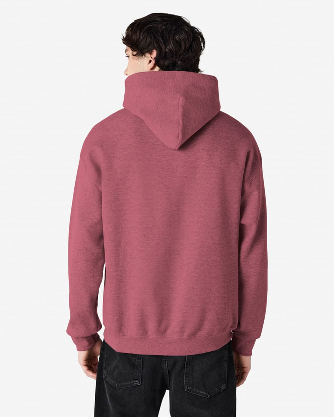 A maroon hooded sweatshirt with a kangaroo pocket and a logo on the back.