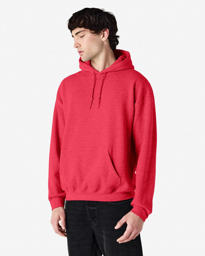 A red hooded sweatshirt with a kangaroo pocket and a hood, featuring an understated logo.