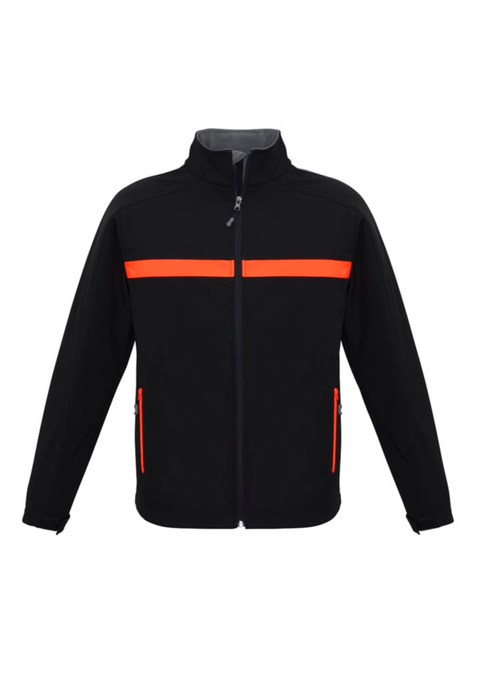 A black soft shell jacket with orange stripes, featuring a full zipper and side pockets. Brand logo present.