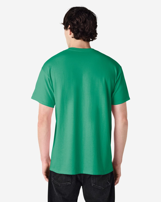 A green Gildan Ultra Cotton adult t-shirt displayed from the back, featuring short sleeves and a simple design.