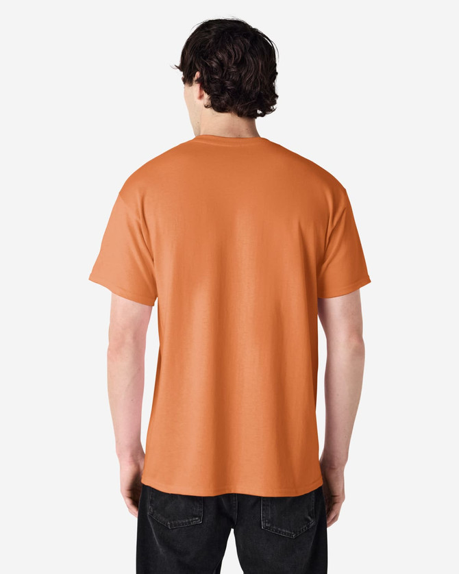 An orange Gildan Ultra Cotton adult T-shirt displayed from the back. Features a plain design and has a logo.