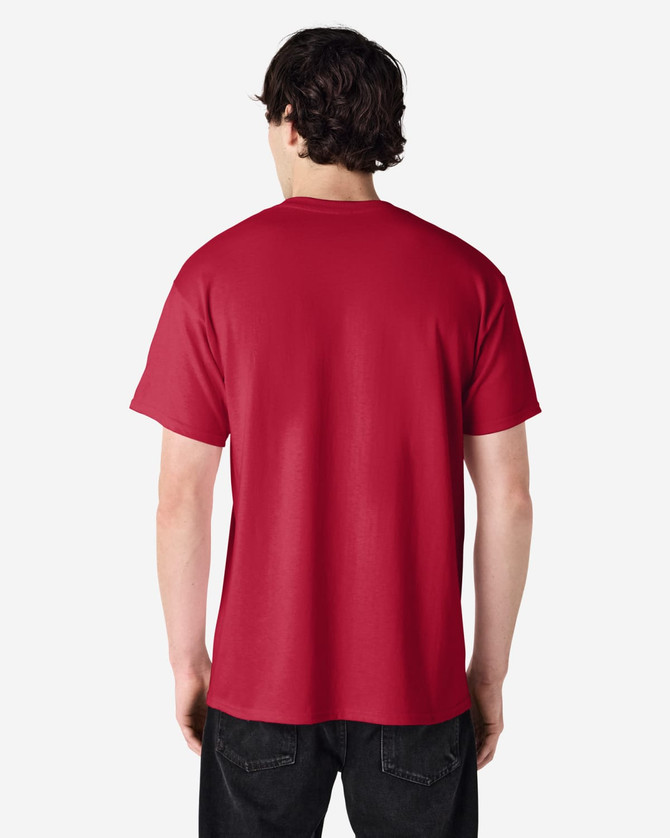 A red Gildan Ultra Cotton adult T-shirt, featuring a plain back and short sleeves.