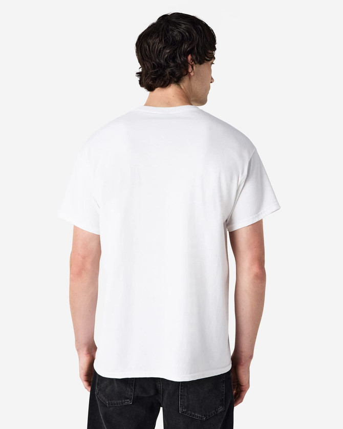 A white Gildan Ultra Cotton adult T-shirt seen from the back, featuring a plain design and a logo.