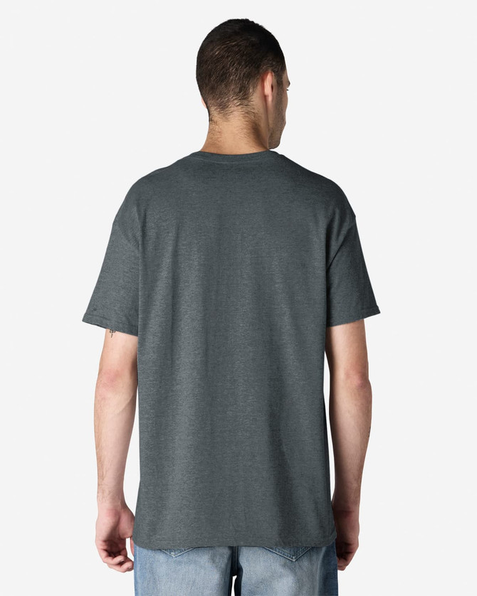 A grey Gildan Ultra Cotton adult T-shirt seen from the back, featuring short sleeves and a plain design.