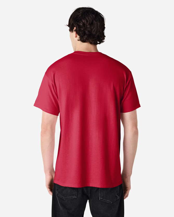 A red Gildan Ultra Cotton adult T-shirt displayed from the back. The shirt has a simple design and short sleeves.