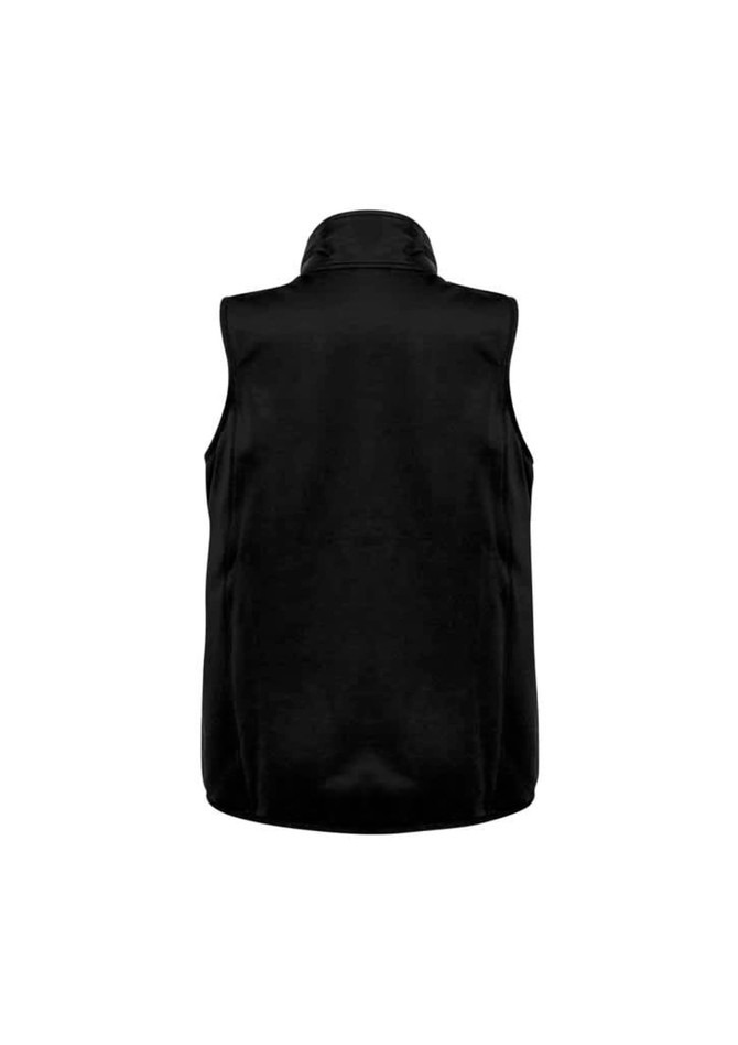 A black men's vest with a high collar and no sleeves, featuring a back view. It has a logo on the design.
