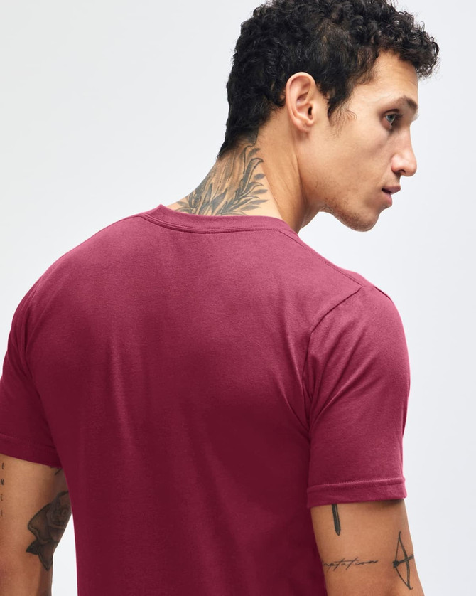 A maroon American Apparel fine jersey short sleeve T-shirt displayed on a model from the back, featuring a logo.