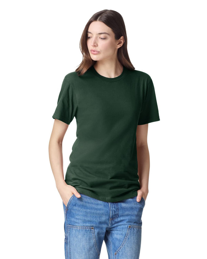 A dark green unisex fine jersey short sleeve T-shirt displayed on a model, featuring a branding logo.