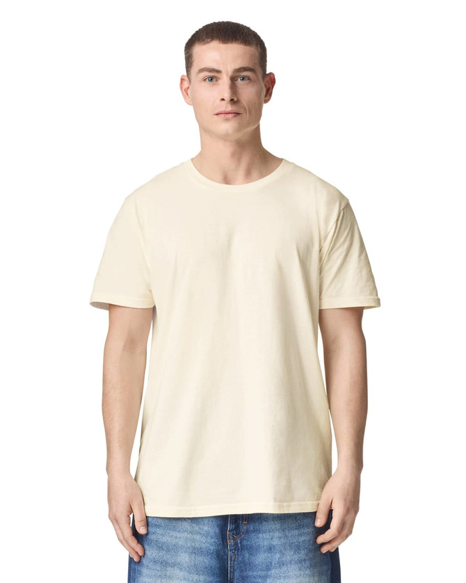 A unisex fine jersey short sleeve t-shirt in off-white, featuring a round neckline and relaxed fit.