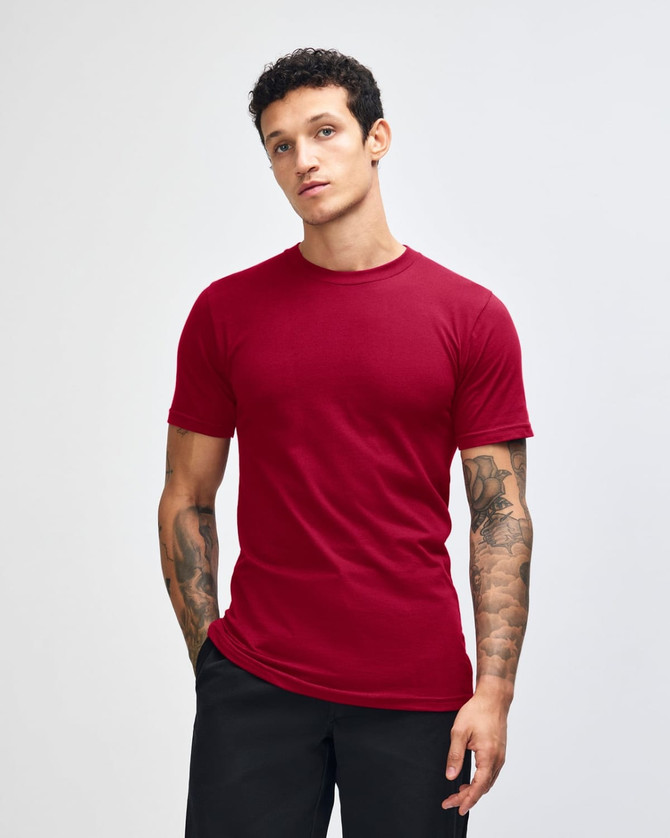 A unisex fine jersey short sleeve t-shirt in burgundy, featuring a logo on the front.