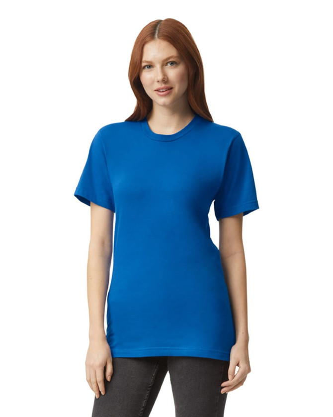 A blue unisex short sleeve T-shirt displayed on a model, featuring a logo on the front.