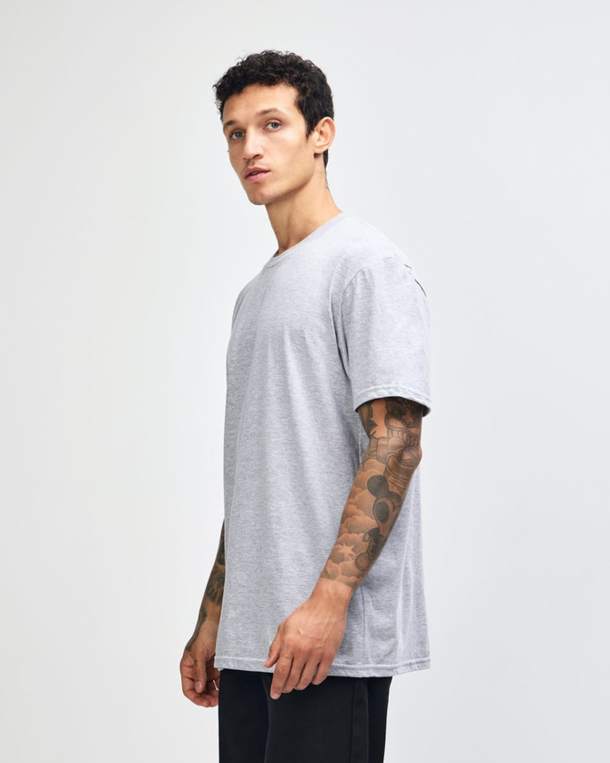 A unisex fine jersey short sleeve T-shirt in grey, featuring a fitted style and a logo on the front.