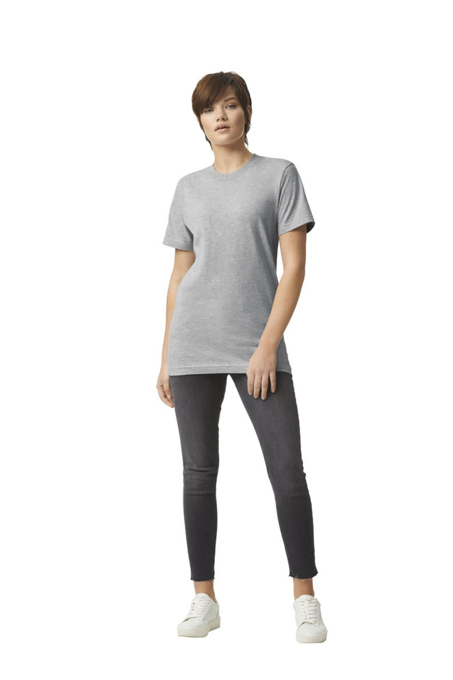 A unisex fine jersey short sleeve T-shirt in grey, featuring a simple design and a logo.