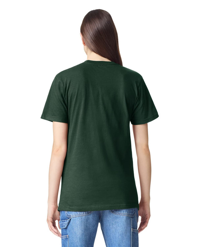 A green unisex short sleeve t-shirt displayed from the back, featuring a plain design and a logo.