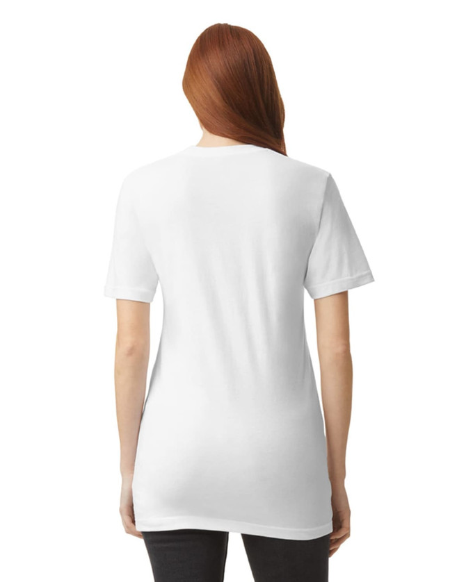 A white unisex short sleeve t-shirt, featuring a simple design and a logo on the back.