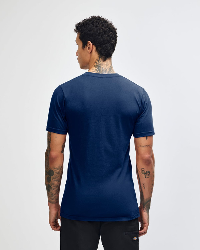 A navy blue unisex short sleeve T-shirt displayed from the back, featuring a visible logo.
