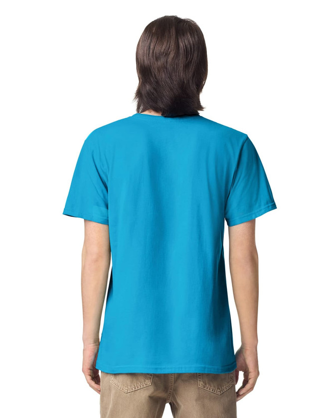 A turquoise unisex fine jersey short sleeve T-shirt with a plain back view and a logo on the back.