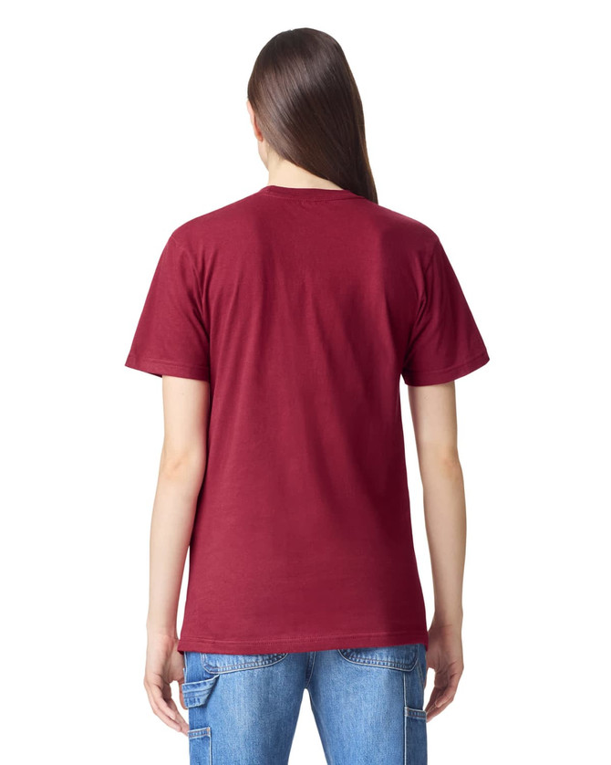 A maroon unisex short sleeve t-shirt with a plain back view. Features a logo on the neck area.
