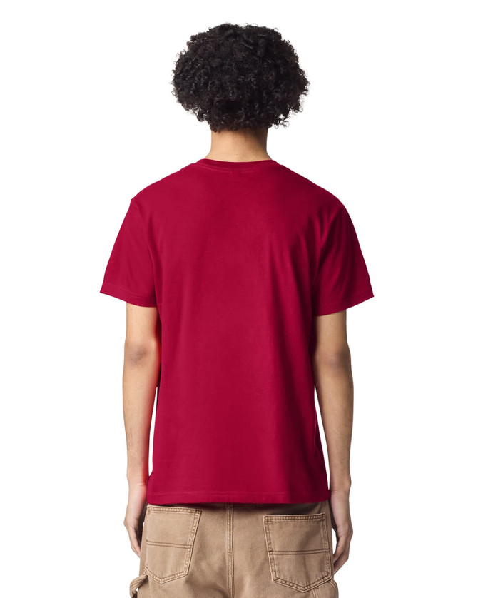 A unisex short sleeve t-shirt in red with a plain back view and a logo on the tag.