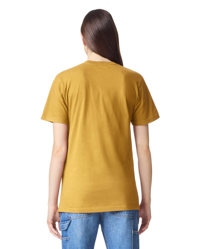 A unisex fine jersey short sleeve T-shirt in a mustard colour, view from the back, featuring a logo.