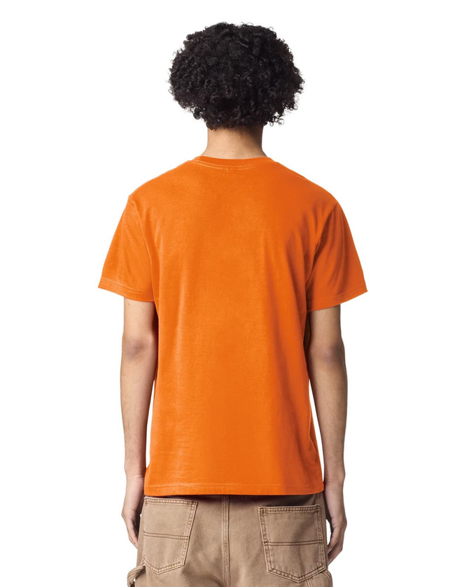 An orange unisex short sleeve t-shirt featuring a logo on the back.