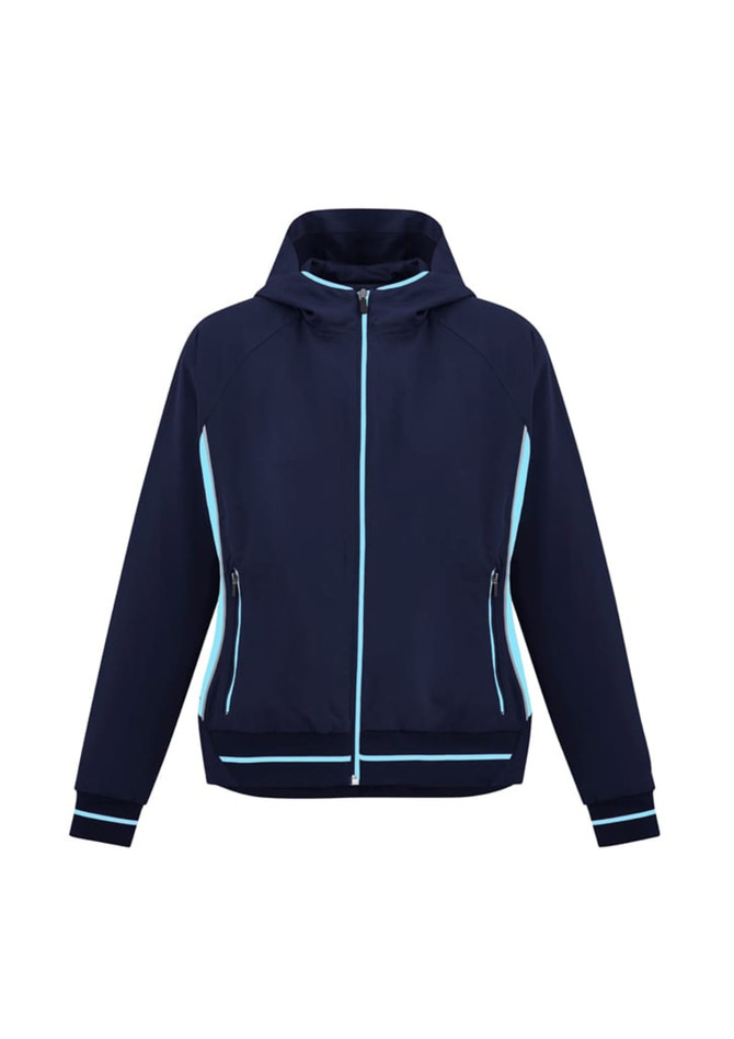 A navy jacket with light blue accents and a hood, featuring zippered pockets and a logo.
