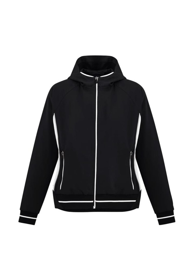 A black ladies jacket with white detailing, featuring a hood and zippered pockets, also has a logo.