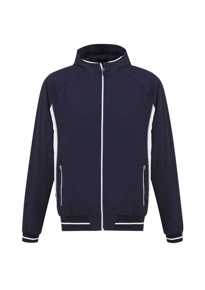 A soft shell jacket in navy blue with white accents and a zip front, featuring side pockets and a logo.