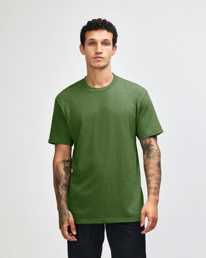 A green unisex short sleeve t-shirt displayed on a model with short hair, featuring a logo on the shirt.