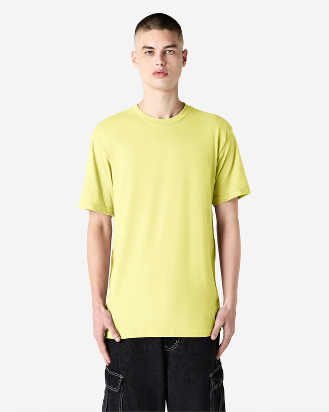 A unisex short sleeve T-shirt in vibrant yellow, featuring a simple design and a branding logo.