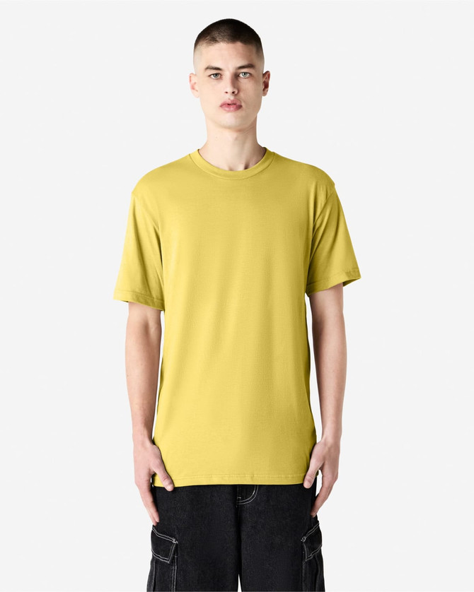A unisex short sleeve t-shirt in a vibrant yellow colour, featuring a plain design and a logo.
