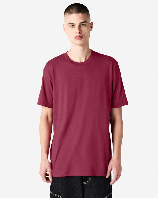 A unisex short sleeve T-shirt in burgundy with a simple design and a logo.