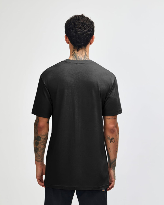 A black unisex CVC short sleeve t-shirt displayed from the back, featuring a simple design and no visible branding.