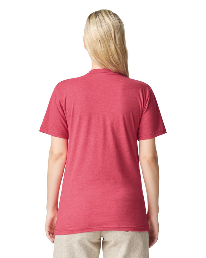 A back view of a unisex CVC short sleeve t-shirt in a vibrant red colour, featuring a simple design and no visible logos.