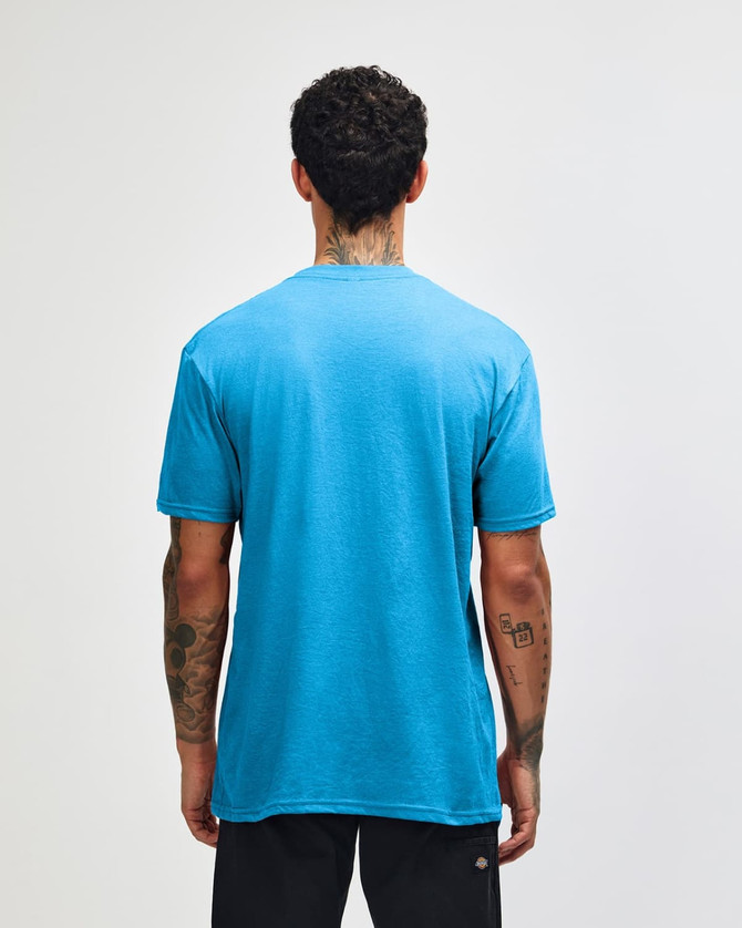 A unisex short sleeve T-shirt in bright blue with a plain back and a logo.
