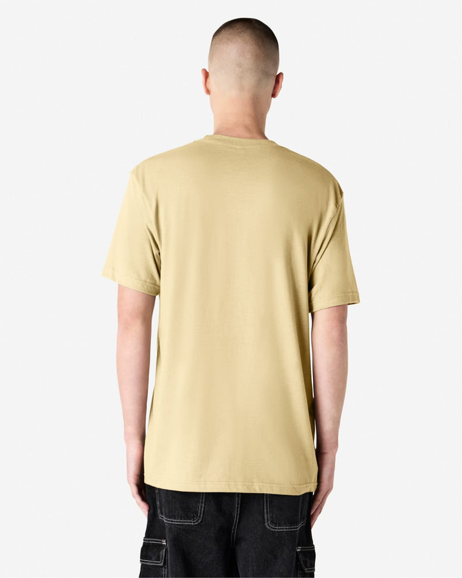 A unisex short sleeve t-shirt in a light beige colour, featuring a plain back and relaxed fit.