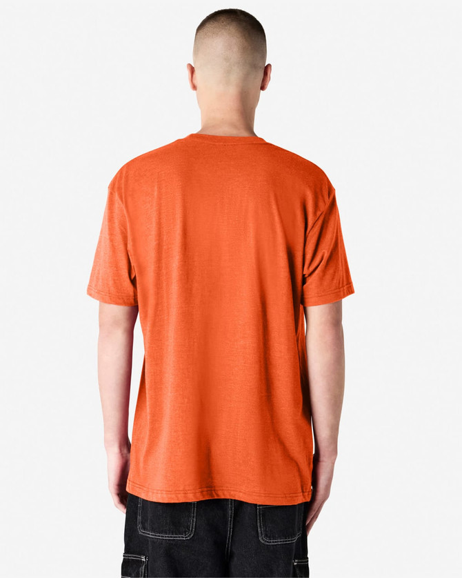 Unisex short sleeve T-shirt in vibrant orange, featuring a simple design with a logo on the back.