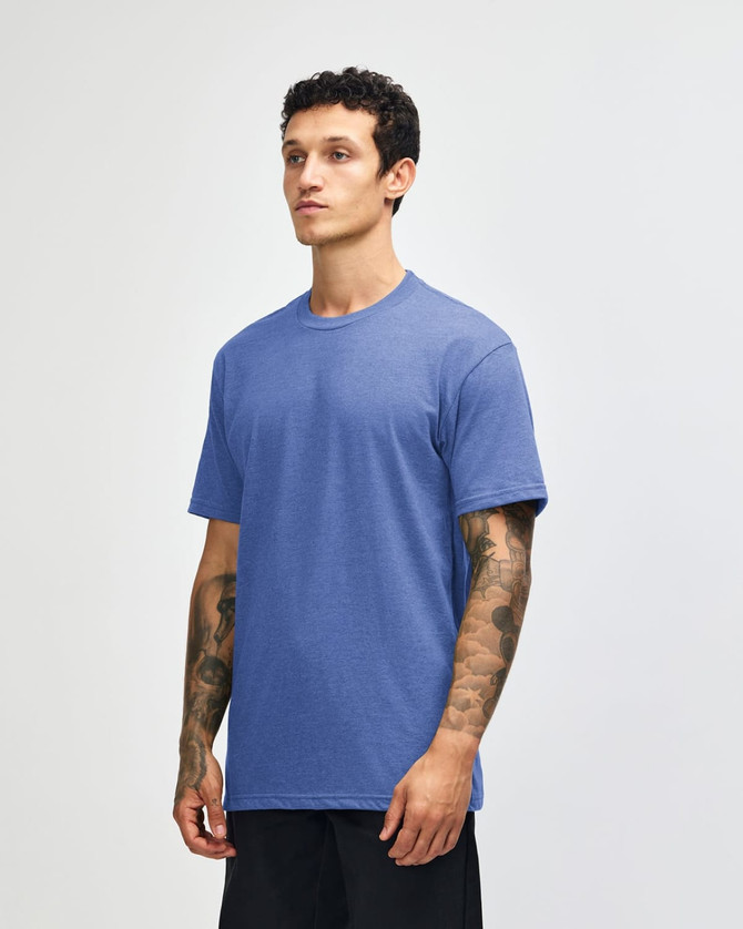 A unisex short sleeve t-shirt in a vibrant blue colour, featuring a simple design and a logo on the front.