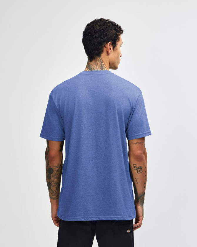 A unisex short sleeve T-shirt in blue, viewed from the back, featuring a logo on the upper back.