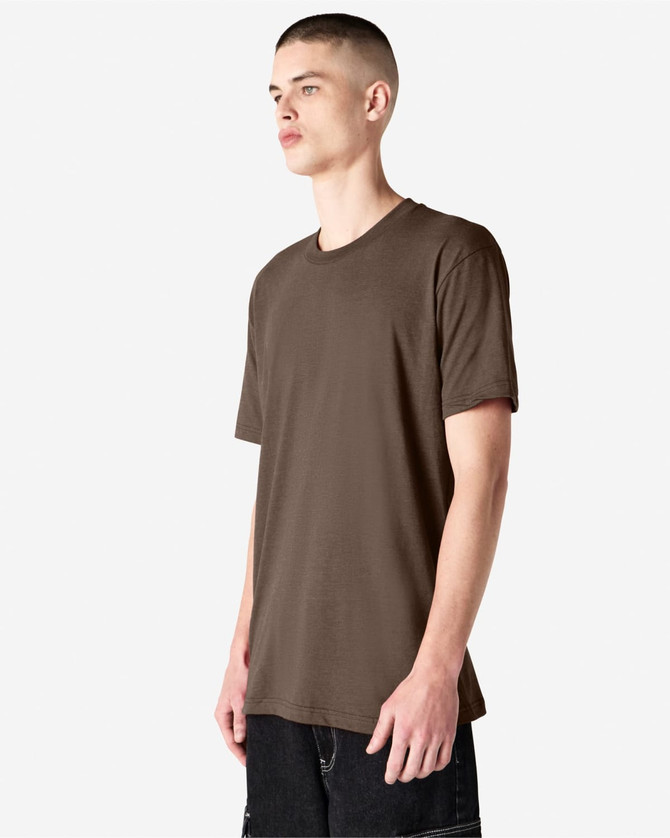 A unisex short sleeve T-shirt in brown, displayed on a model standing against a plain background. It features a logo.
